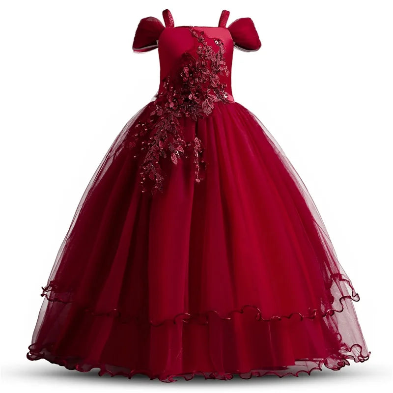 Girls Christmas Dress For Kids Wedding Evening Party Bridesmaid Long Dress Prom Gown Children Teenager New Year Princess Costume red 02