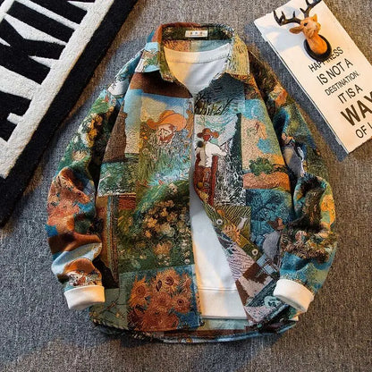 Men's Clothes American Vintage Oil Painting Shirt Embroidered Flower Men's Long Sleeved Shirt Men Shirts Art Student Casual Coat 11