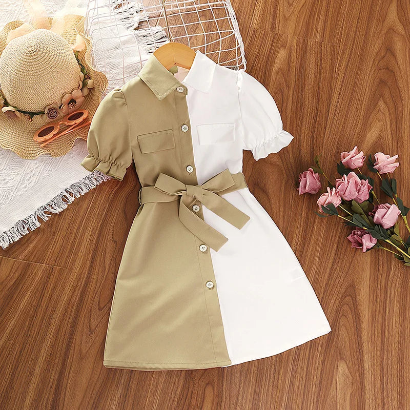 Summer Girl's Dress Shirt Patchwork Color Lapel Puff Sleeve Lace-up A-line Knee-length Skirt Fashionable Sweet Daily Casual CF2032SR Khaki