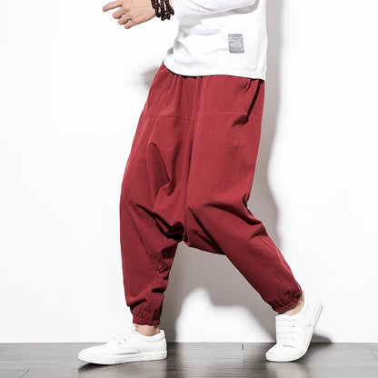 2023 Spring oversize casual pants men streetwear cotton linen harajuku joggers fashion baggy harem pants for man A13 Red CHINA