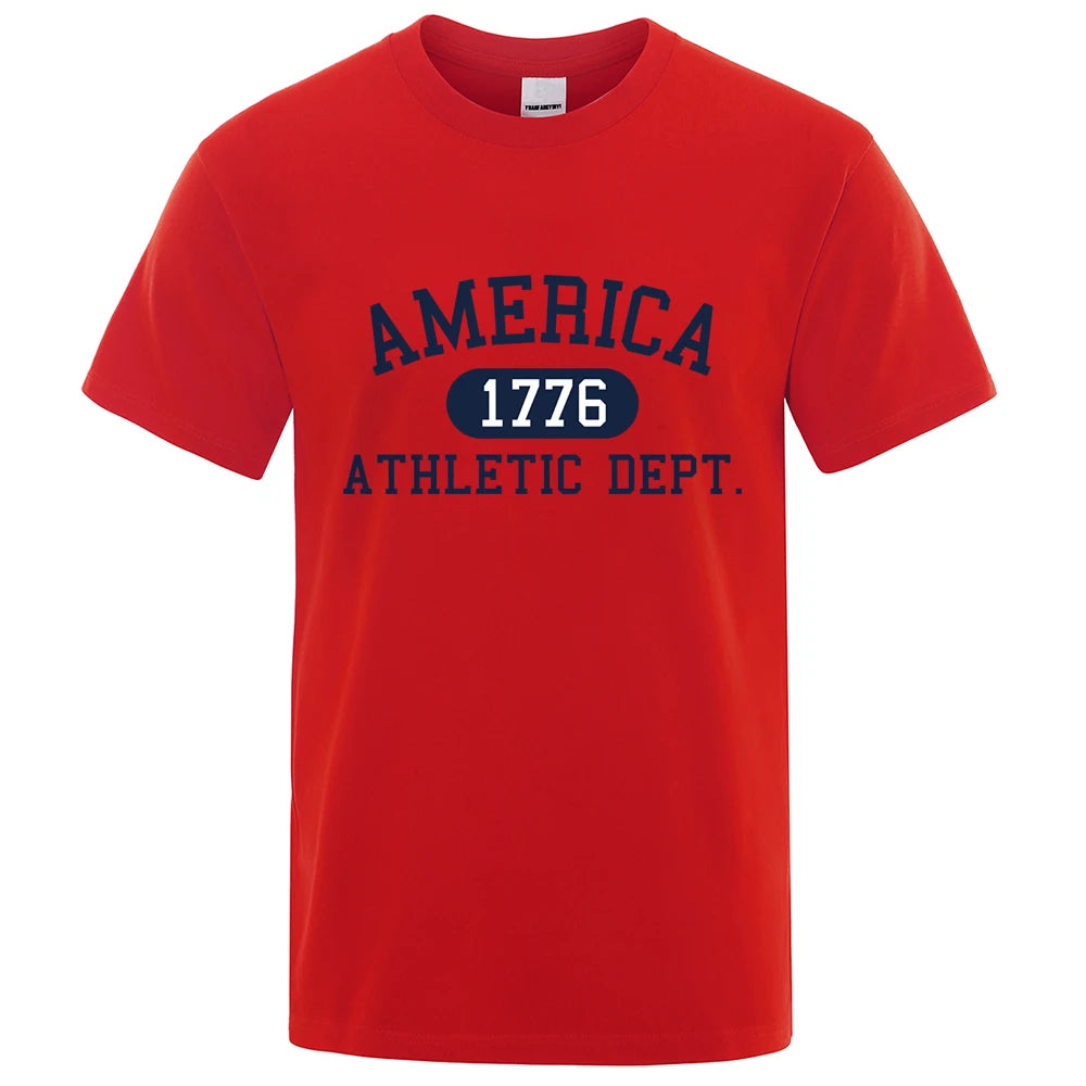 America 1776 Athletic Dept Letter Tshirt Man Fashion Tee Clothes Summer Luxury T-Shirt Hip Hop Breathable Cotton Tee Clothes Red