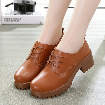 Spring\winter British Style Split Leather Women Square Heel Flat Platform Shoes Woman Lace-up Oxford Shoes for Women