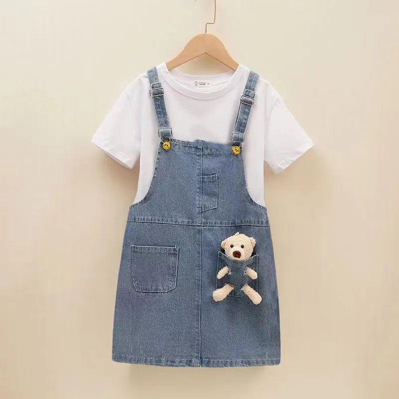 2-8T Summer Sundress Sets Baby Girls Suspender Skirt Girls Dress Kids Straps Denim Dress Children Bear Cartoon Clothing Overalls