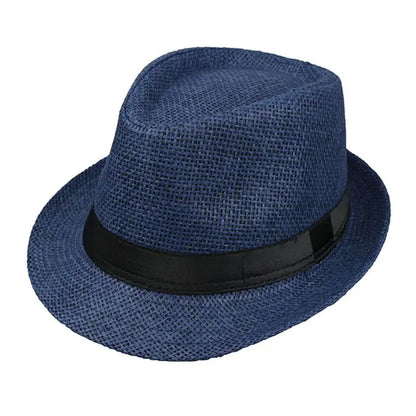 Children Kids Summer Beach Straw Hat Jazz Panama Breathable Hat Large Brim Outdoor Breathable Hats Girls Boy Sunhat Navy blue H