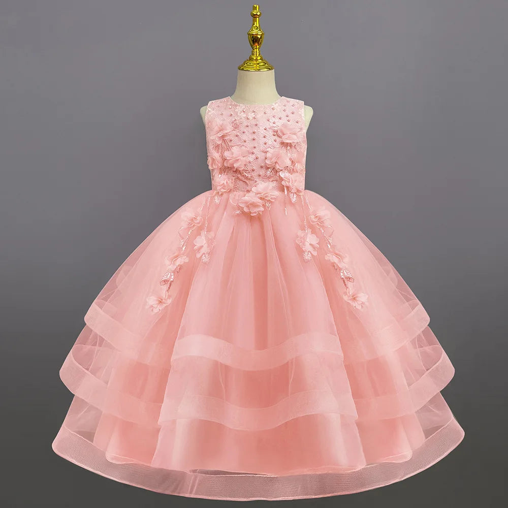 Children's Princess Dress Cross border New European and American Style Little Girl's Mesh Dress Children's Performance Dress pink