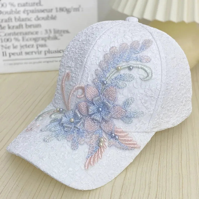 2024 Women's Fashion Summer Lace Flowers Baseball Cap Hundred with Sunscreen Duck Tongue Cap Sunshade Breathable Rebound Cap WHITE adjustable54-60cm