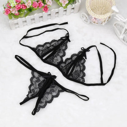 Erotic Lingerie For Women Lace Transparent Bra Set Sexy Costumes Deep V Open Bra Crotchless Bodysuit Female Teddy Underwear Set