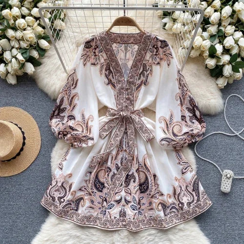 Vintage Print Elegant Puff Sleeve A-line Vneck Mini Dress Casual Women Fashion Autumn Spring Dress WHITE