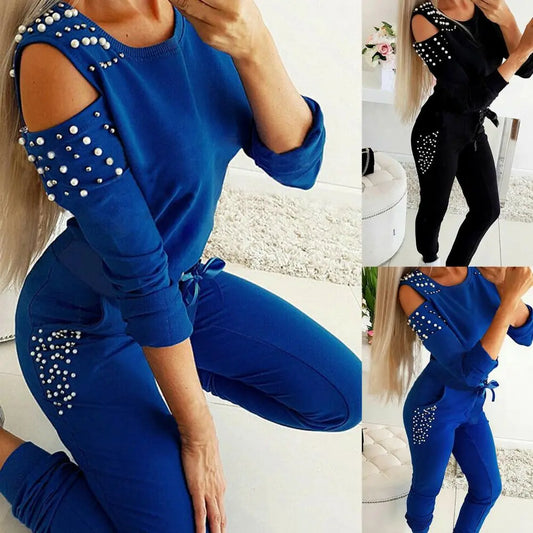 Tracksuit Women Two Piece Set Beading Decor Cold Shoulder Long Sleeve Top + Jogger Pants Suit Female Casual Lounge Wear Outfits