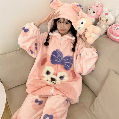 Sanrio Cartoon Hello Kitty Pajamas Female Flannel autumn Winter New Plus Thicken Velvet Sweet Keep Warm Pajamas set leisure wear