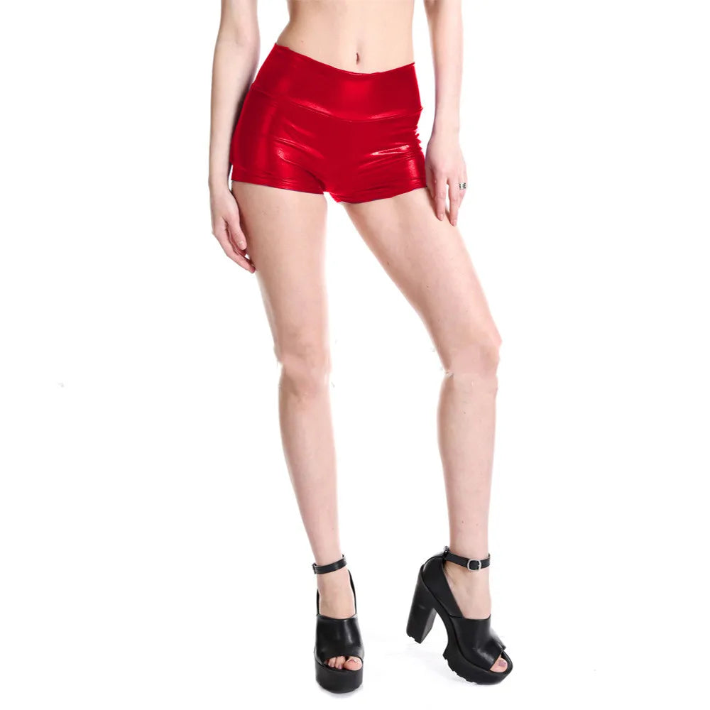 Lady Summer Fake Leather Punk Shorts Mid Waist Bright Shine Party Polo Dance Disco Shorts Woman Silver Green Blue Golden Pant