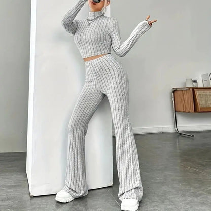 Slim Fit Women Suit Women Knitted Suit Elegant Knitted Winter Outfit Turtleneck Cropped Top High Waist Flared Pants Women's Slim