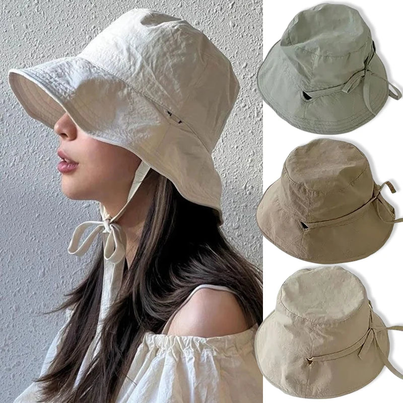 Korean Ins Lace-up Fisherman Hat Women Ins Blogger Lightweight Windbreak Windproof Rope Sunshade Basin Hat Sun Bucket Hat