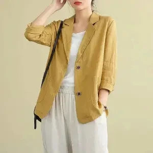 2023 Spring Summer Short Coat Cotton And linen Blazer Suit Collar Jacket Women's Casual Solid Color 3/4 Sleeves Shirt Cardigan Yellow