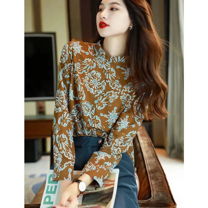 Spring Autumn New Fashion Stand Collar Long Sleeve Printing Blouses Women's Clothing Loose Western Style All-match Trend Shirts