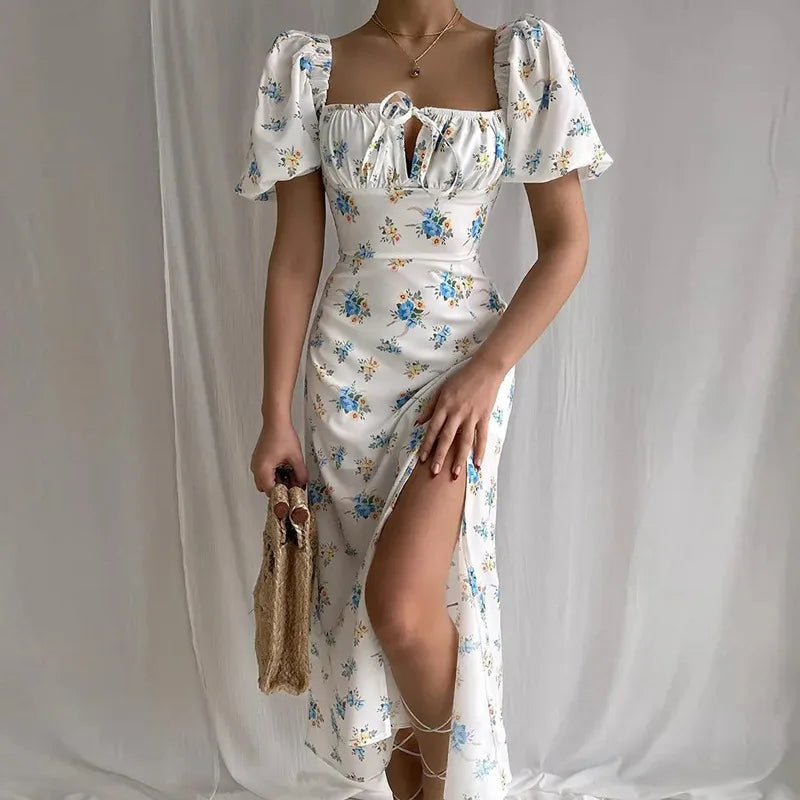 Lovely Elegant French Floral Printed Half-Sleeve Maxi Dress Women's Sexy Backless Slim Halter Split Dresses A-Line Robe Vestidos XBLDH