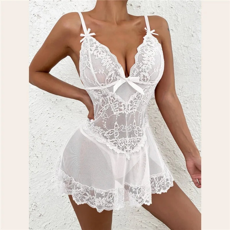 Ladies Lace Sexy Sling Nightdress Women Lace Nightdress Casual V-Neck Spaghetti Strap Sleep Dress Women's Sleepwear Dresses White