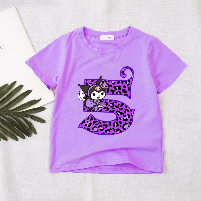 Kuromi Number T-Shirt Girl Birthday Clothes Short Sleeve Purple  Kids T-Shirts Kawaii Children Tee Cartoon Casual Toddler Tops