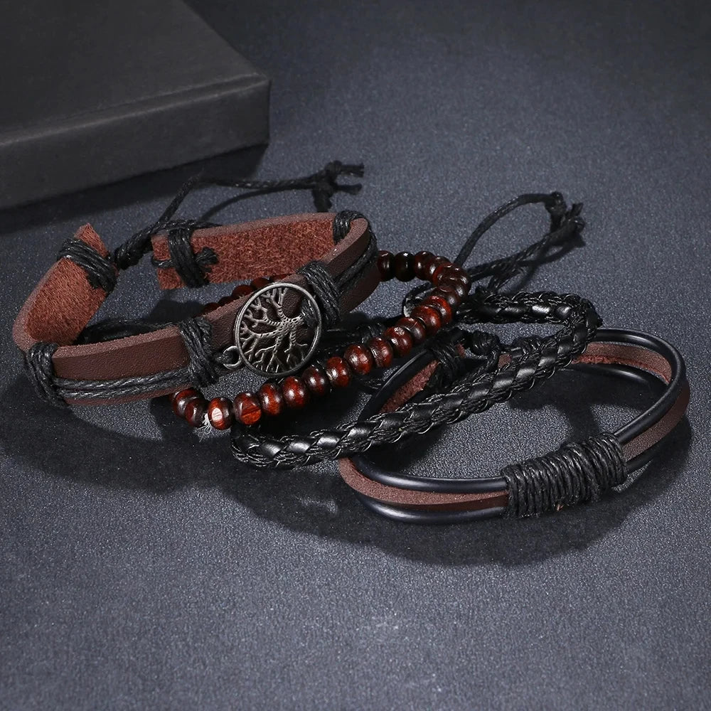 4Pcs/ Set Braided Wrap Leather Bracelets For Men Vintage Life Tree Rudder Charm Wood Beads Ethnic Tribal Wristbands