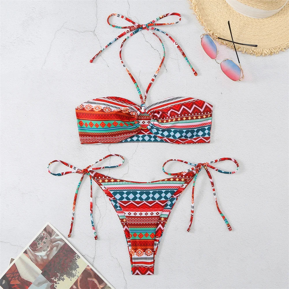 Boho Print Bikini Halter String Bandeau Swimsuit Separate Retro Trend Swimwear Y2K Beach Micro Tanga Women Vacation Bathing Suit