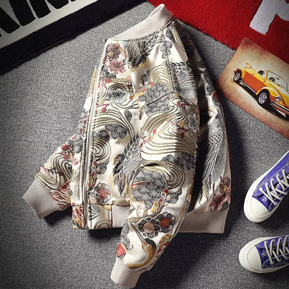 Japan Style Mens Floral & Crane Embroidery Bomber Jacket Stand Collar Men Streetwear College Baseball Jackets Autumn Coat