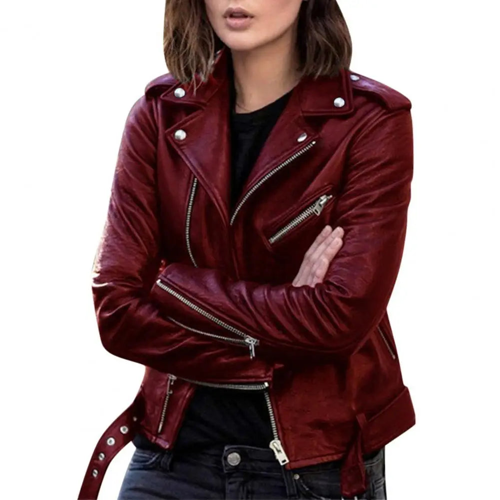 Autumn Short Jacket Solid Female Moto Biker Jackets Thin Ladies Cool Faux Leather Jacket Slim Short Leather Outwear Red