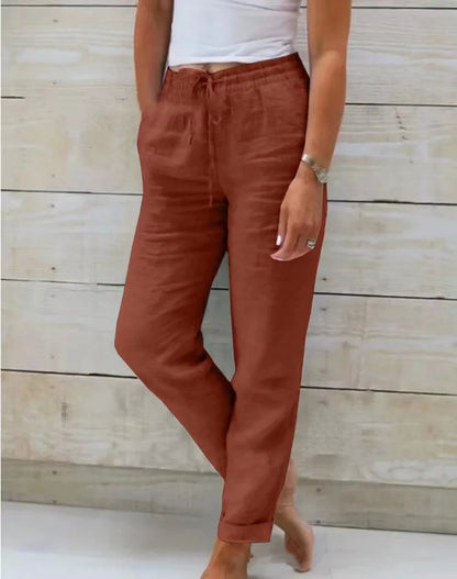 Women's High Waist Solid Color Cotton Linen Casual Pants Fashion Summer Female Holiday Casual Long Pant New 2024 Brick red