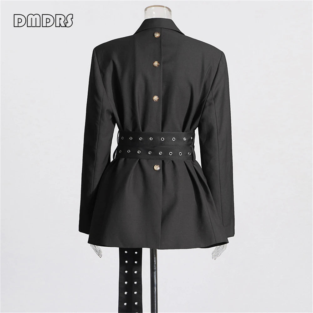 High Street Women's Suit Jacket, Fashionable Belt Notched Jacket for Women, Regular Fit Autumn Outfit