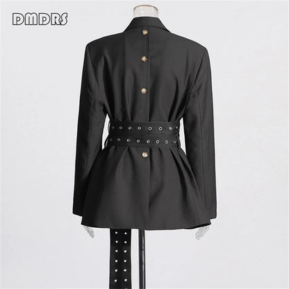 High Street Women's Suit Jacket, Fashionable Belt Notched Jacket for Women, Regular Fit Autumn Outfit