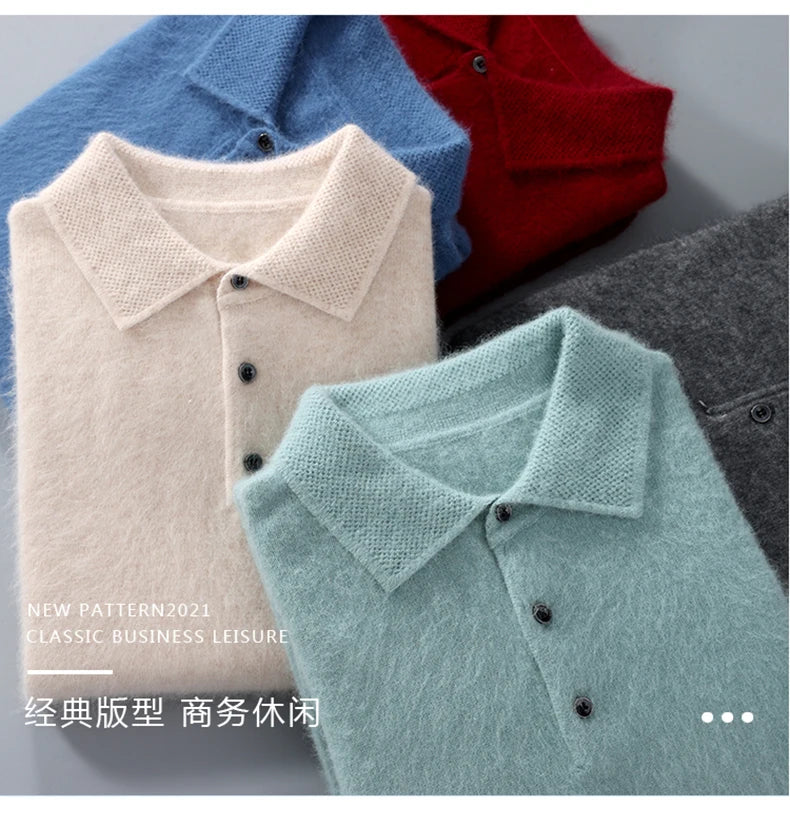 Men's Shirt 100% Mink Cashmere Sweater Casual Business POLO Collar Pullover Autumn Winter Warm Knit Base Shirt Men's Clothing