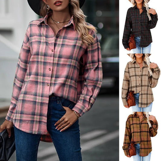 2024 New Spring Autumn Women Blouses Tops Female Casual Loose Boyfriend Plaid Shirt Women Long-sleeve Lapel Tops 2XL Shirts