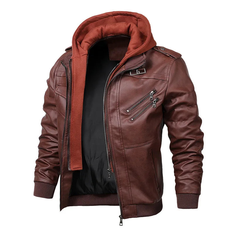 New Fashion Male Street Wear Motorcycle Leather Jackets Hat Detachable Men Hooded Leather Jackets Slim Casual Leather Coats 5XL