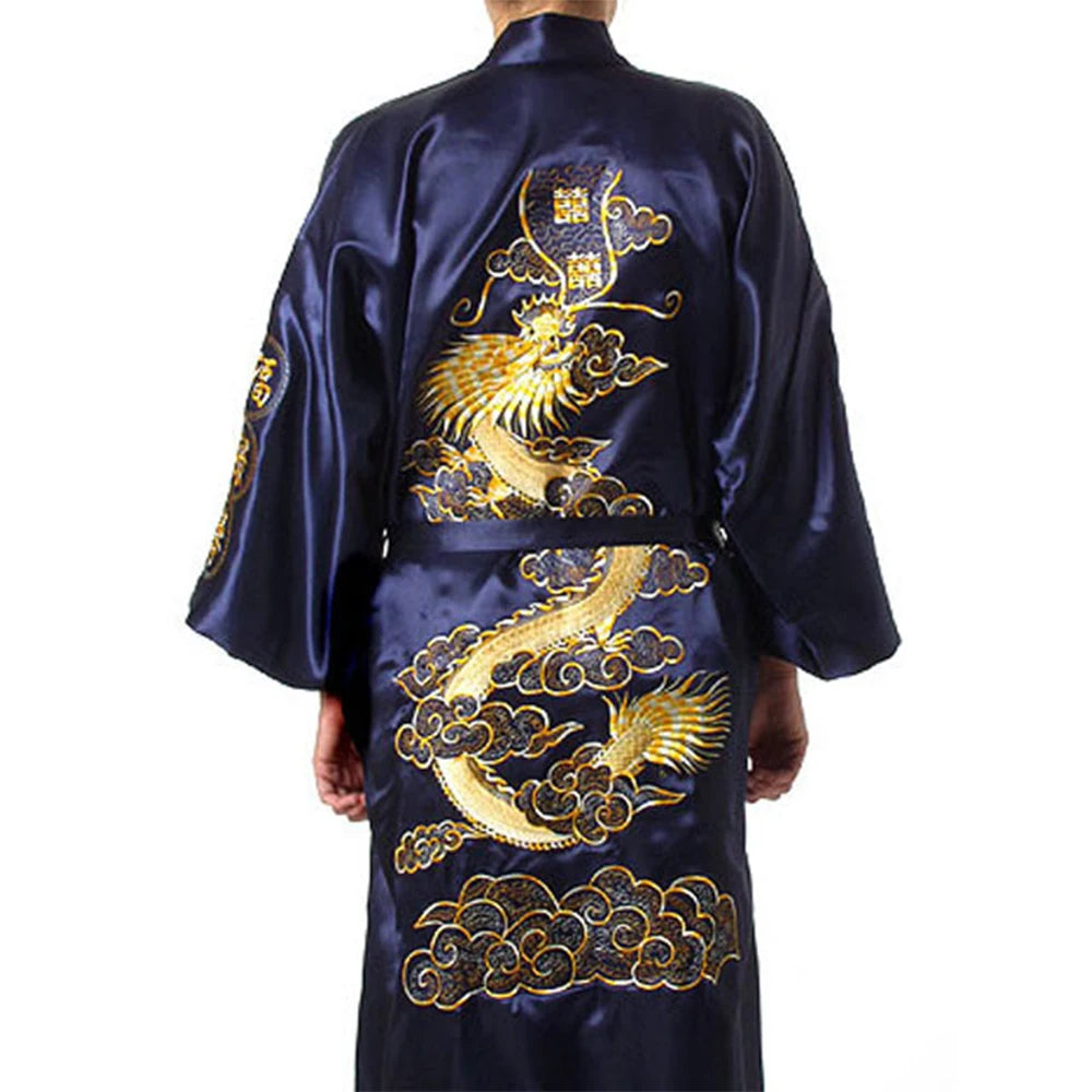 Men's Satin Robes Chinese Style Dragon Embroidery Kimono Silk-like Bathrobe Pajamas Sleepwear Gown Bath Robe