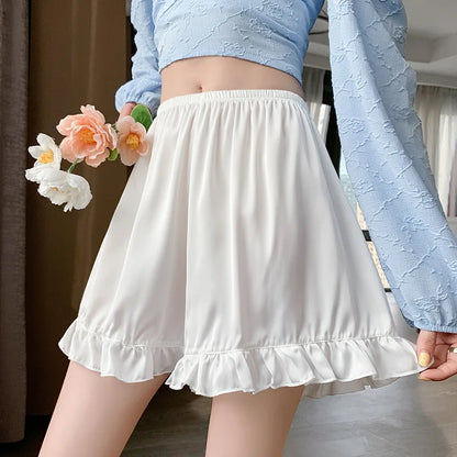 Satin Ice Silk Ruffle Short Pants Women's Summer Loose Home Safety Pants Under Skirt Seamless Sexy Underwear Breath Cool Shorts White