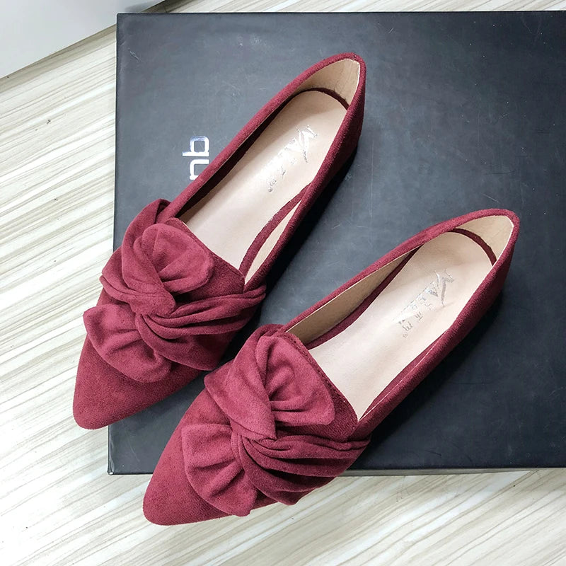 Flat Shoes for Women Suede Velvet Spring Summer Casual Shoes Women Flats Bow Flower Pointed Scoop Shoes Slip on Size 33 34 43