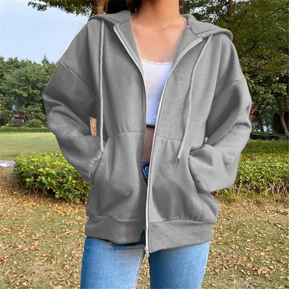 Sweatshirt Hoodie Oversize Hooded Cardigan Sweatshirts Gray Women Clothes Solid Zip Up Hoodies Autumn Women Tops Long Sleeves