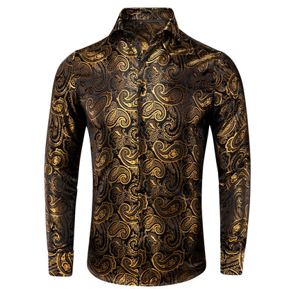 Hi-Tie Gold Luxury Mens Shirts Silk Jacquard High Quality Long Sleeve Lapel Shirt Casual Formal for Male Wedding Business Gifts