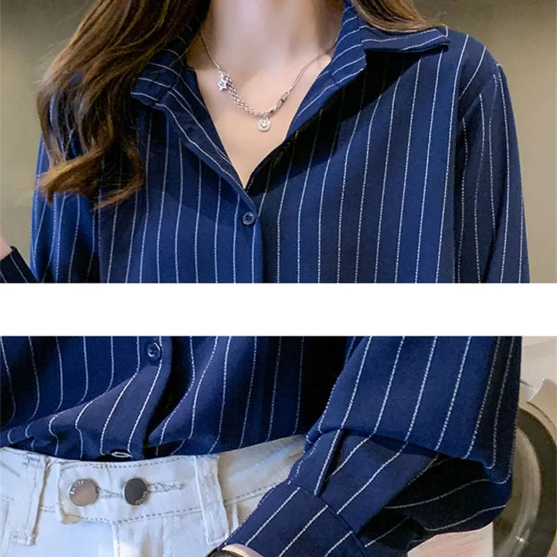 Fashion Woman Blouses 2023 Chiffon Long Sleeve Shirt Tops Woman White Blouse Shirts Striped Top Pretty and Cheap Women's Blouses