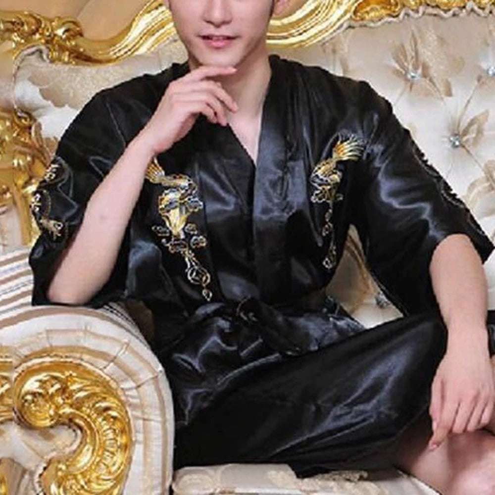 Men's Satin Robes Chinese Style Dragon Embroidery Kimono Silk-like Bathrobe Pajamas Sleepwear Gown Bath Robe