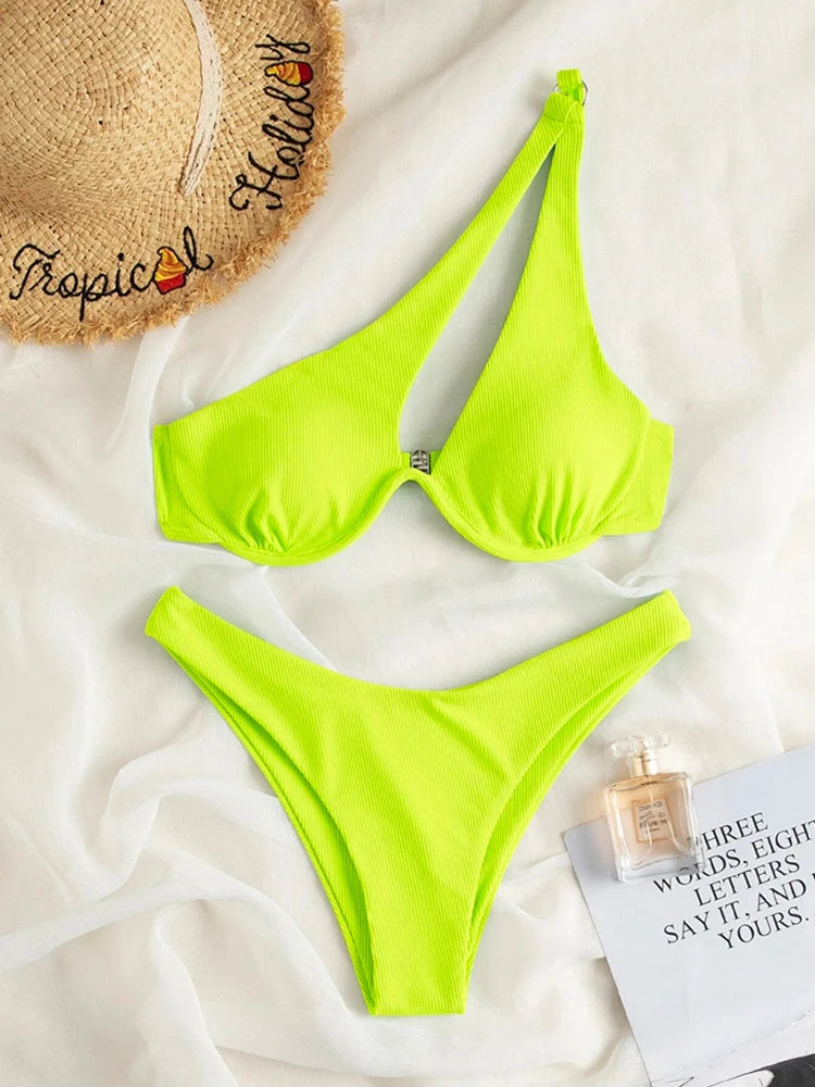 2023 One Shoulder Bikini Set Sexy Bikinis Swimsuits Cut Out Women's 2 Peices Swimwear Biquini Summer Bathing Suits Push Up Beach