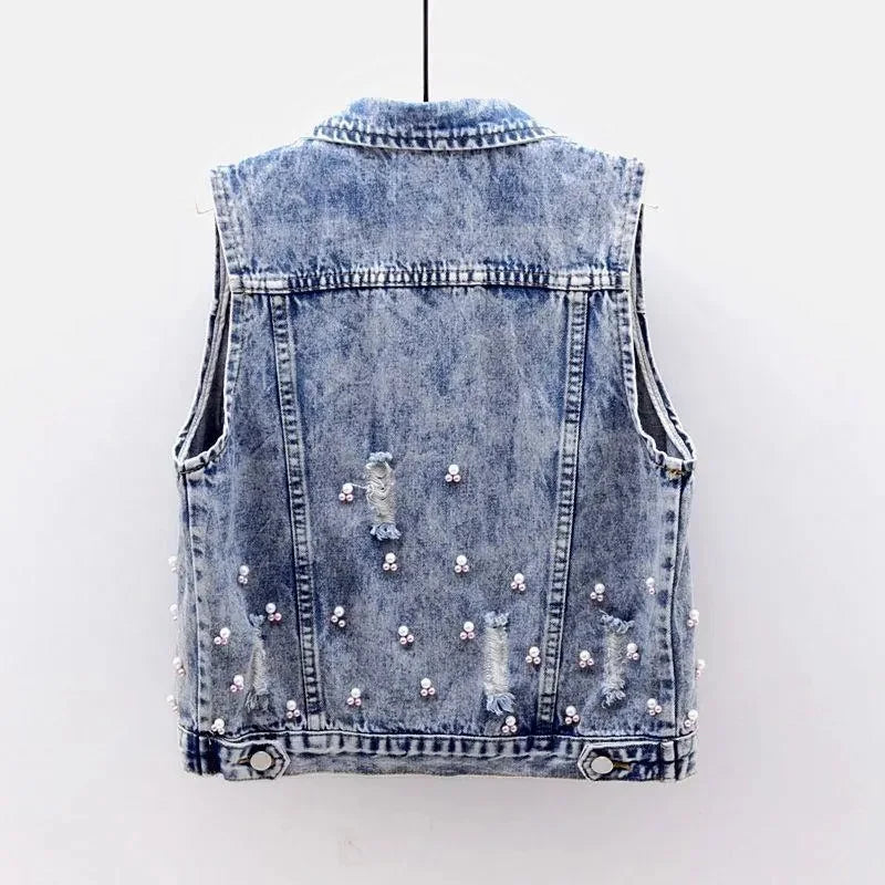 2024 Student Vest Slim Short Jacket Embroidery Flowers Sleeveless Denim Vest Women's Beaded Waistcoat Hole Jeans Vest Coat Girl