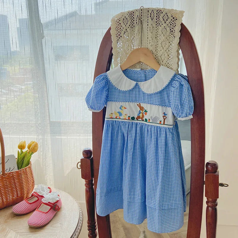 Summer Animal Embroidery Plaid Girl's Dress Lace Edge Doll Lapel Bubble Sleeve Children'S Dress Cute Plaid Baby Kids Clothing CZ4147 Blue