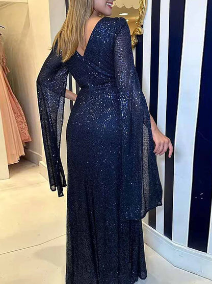 Chic Party Club Lady Sequins Slim Fit Dress Hollow Out Patchwork Long Sleeve Long Dress Women V Neck Zipper High Waist Dresses