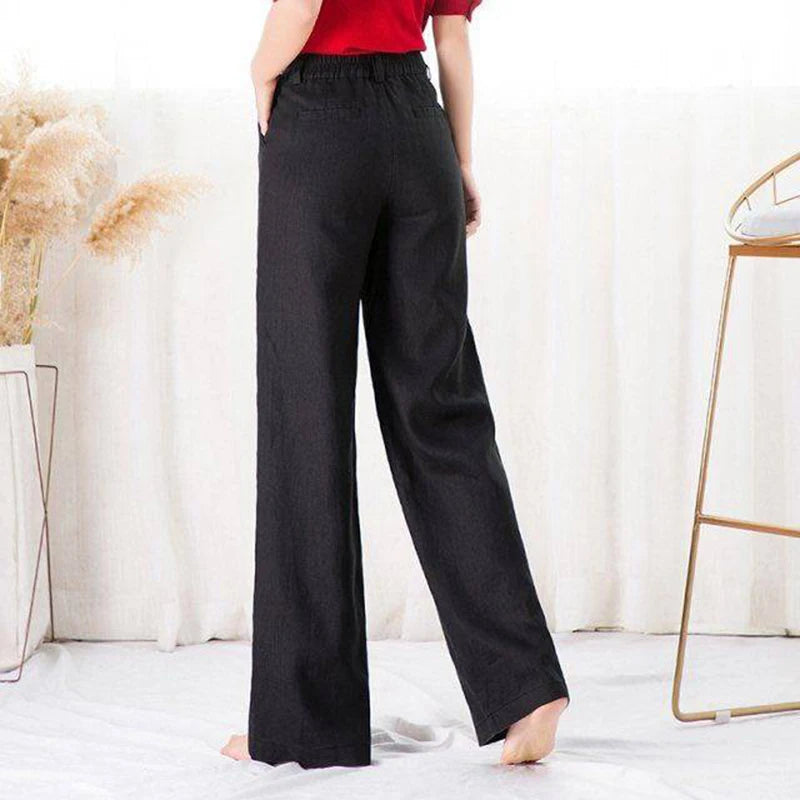 Summer High Waist Pants Women Korean Fashion Cotton Linen Wide Leg Pantalones Solid Loose Vintage Straight Sport Trousers S-3XL