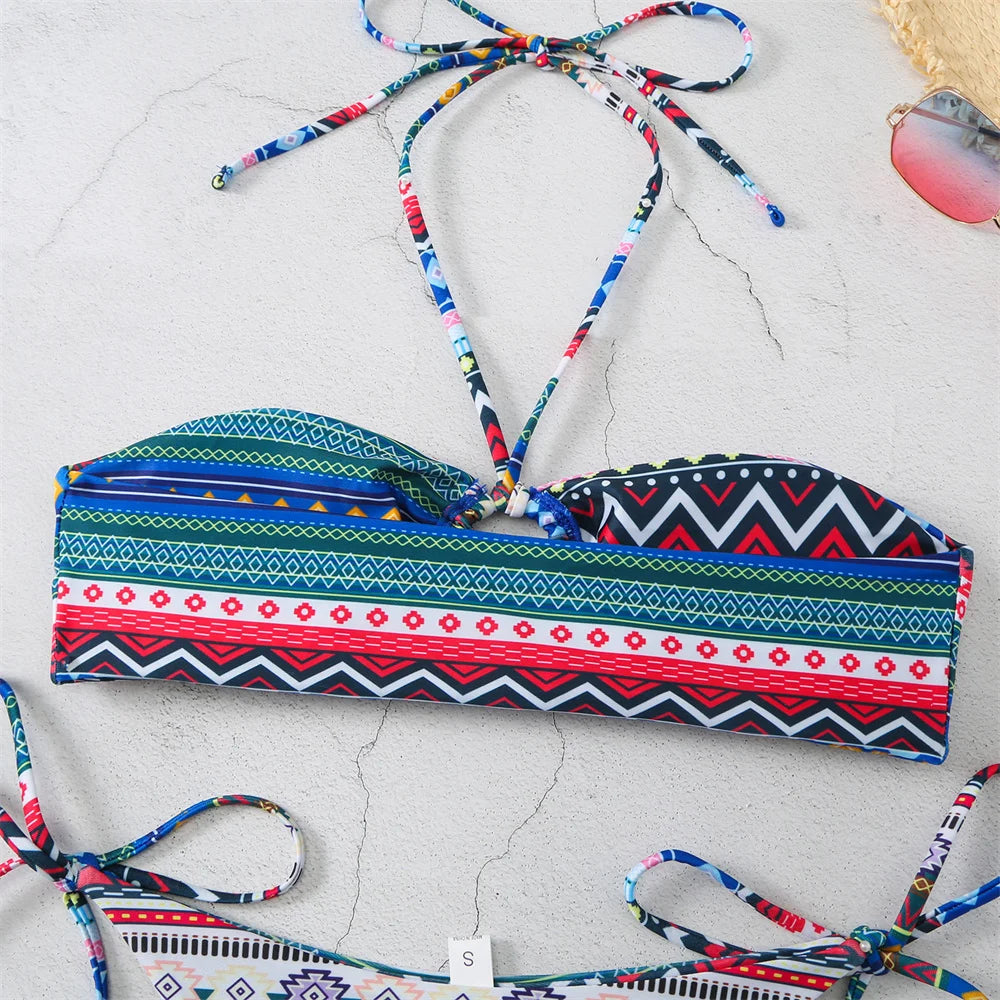 Boho Print Bikini Halter String Bandeau Swimsuit Separate Retro Trend Swimwear Y2K Beach Micro Tanga Women Vacation Bathing Suit