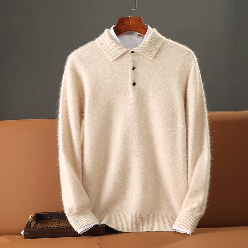 Men's Shirt 100% Mink Cashmere Sweater Casual Business POLO Collar Pullover Autumn Winter Warm Knit Base Shirt Men's Clothing