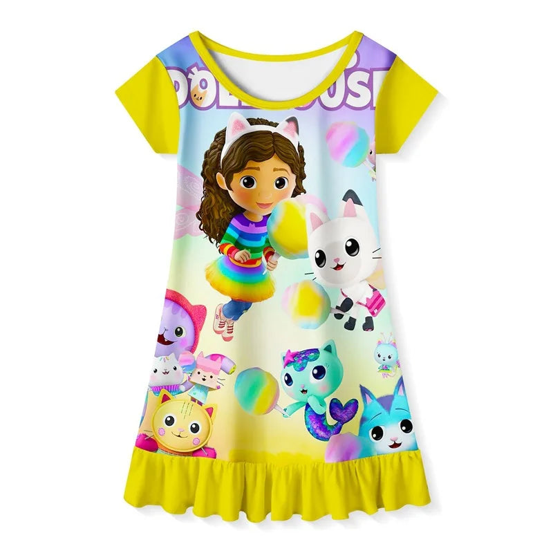 Gabby's Dollhouse Clothes Baby Girls Short Sleeve Pajamas Dress Kids Cartoon Gabby Cats Nightgown Child Party Princess Vestidos