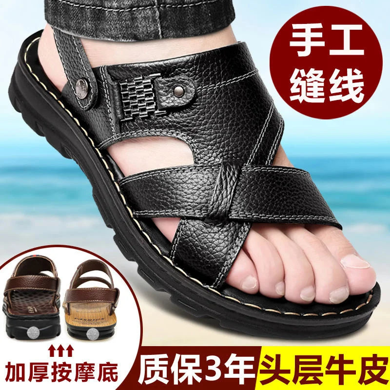 New arrivel noble Men's Sandals Non-slip Genuine Leather Sandals Soft Slippers Flat For Mens Casual Shoes Sandalias MSA516 Black