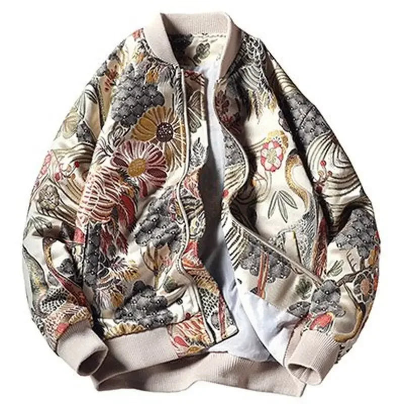 Japan Style Mens Floral & Crane Embroidery Bomber Jacket Stand Collar Men Streetwear College Baseball Jackets Autumn Coat