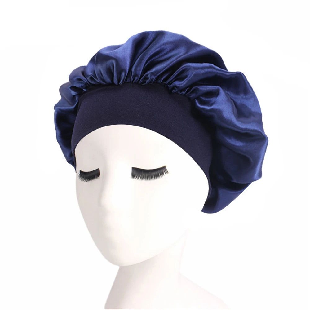 Newly Women's Satin Solid Sleeping Hat Night Hair Care Bonnet Nightcap For Women Men Unisex Cap Navy